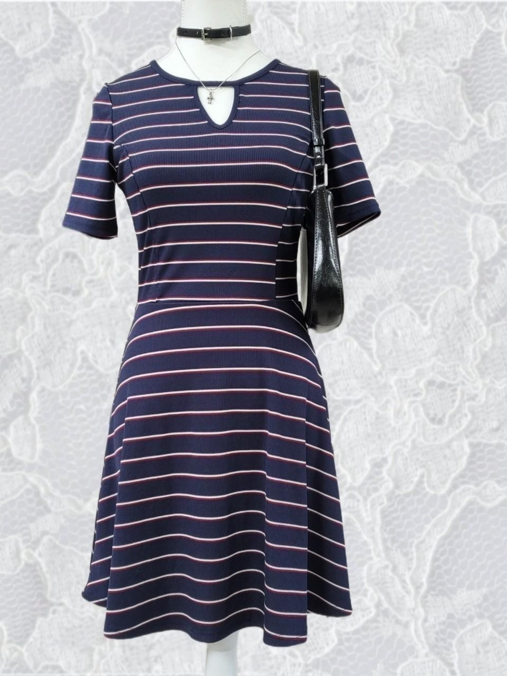 H&M Navy Dress with Pink Stripes and Keyhole Neck